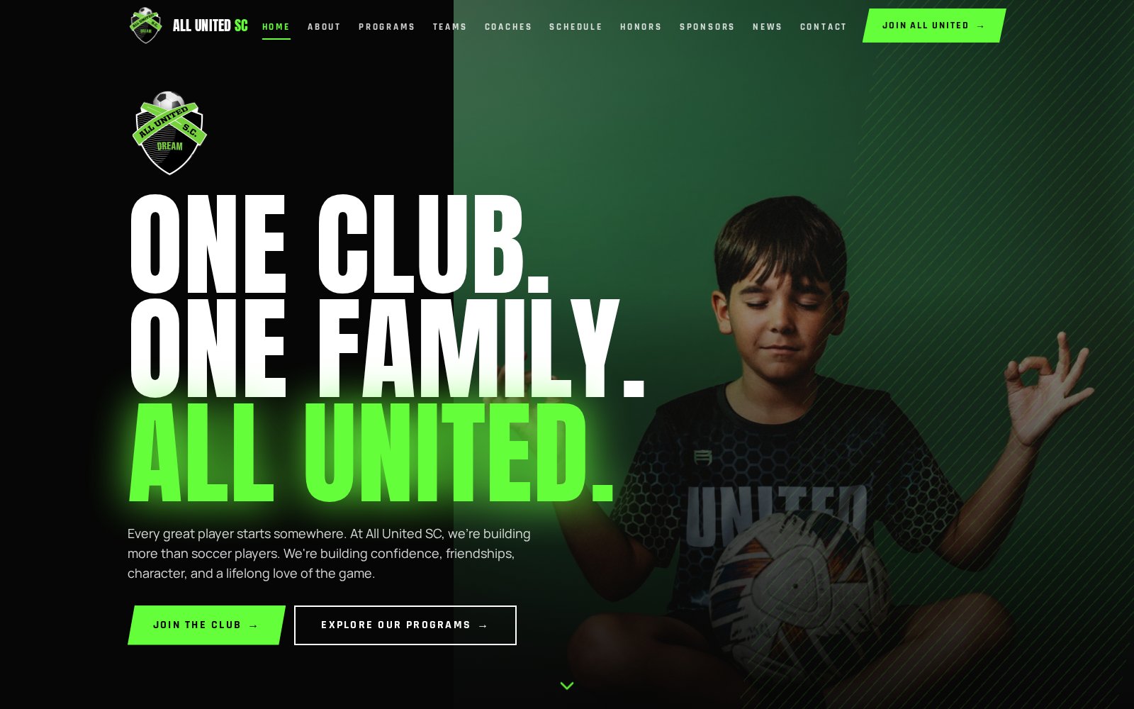 All United Soccer Club website homepage